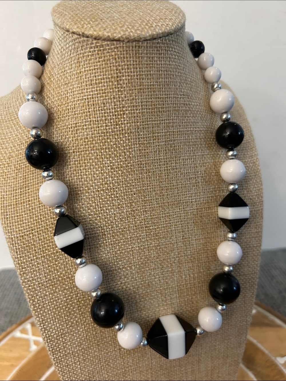 Black and White Beaded Statement Necklace Chunky vibe fun shapes